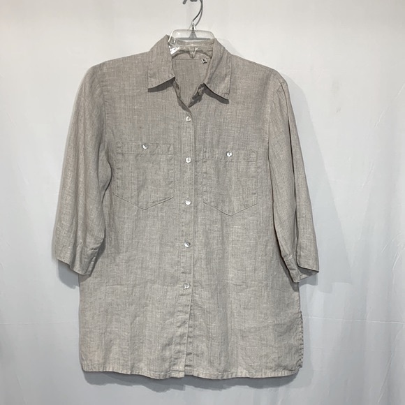 LINEN Button front top blouse chest pockets w buttons neutral color women’s sz L - Picture 11 of 11